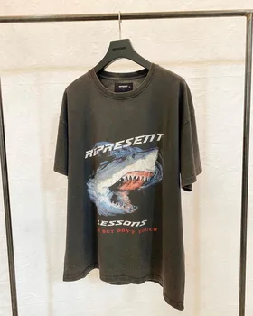 

1:1 Top Version Represent Oversized T Shirt Men Women Couples Tees Lessons Vintage Distress Washed Shark T-Shirt Men