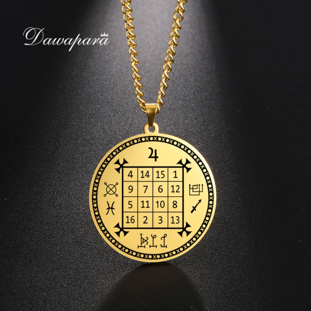 Dawapara Solomon Saturn Jupiter 매직 펜던트 스퀘어 부적 펜던트 목걸이, 스테인레스 스틸 오컬트 쥬얼리