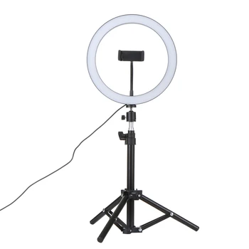 

LED Light Round Selfie Camera Lamp with Telescopic Tripod USB Powered Operated 10 Levels Adjustable for Live Show Pictures