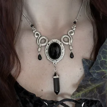 

Serpent Black Agate Crystal Necklace,gothic Necklace, Snake Jewelry