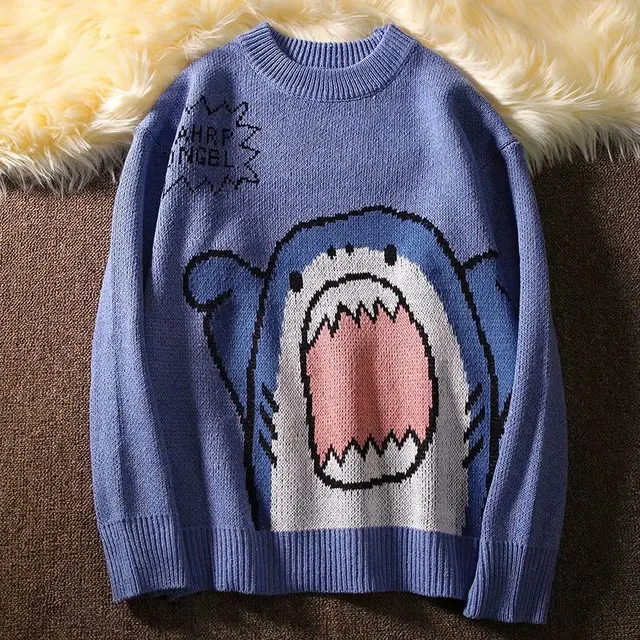 ZAZOMDE Men Turtlenecks Shark Sweater Men 2020 Winter Patchwor Harajuku Korean Style High Neck Oversized Grey Turtleneck For Men B133-Blue