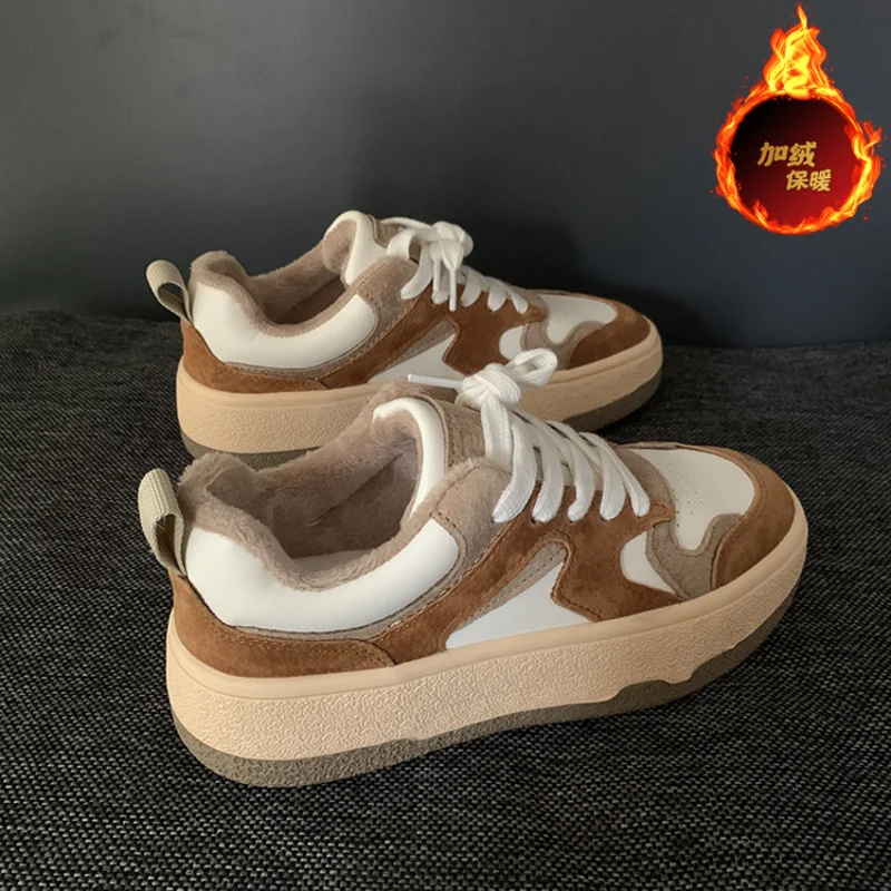 Women's Leather Sports White Shoes 2021 Autumn and Winter Cotton Shoes Retro Thick-soled Plus Velvet Old Sneakers