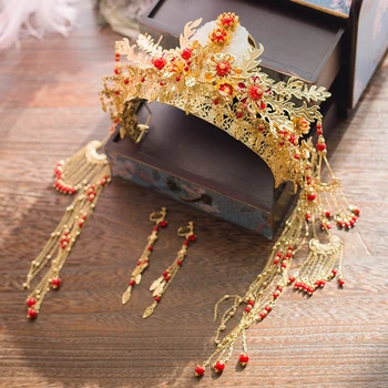 

Chinese Red Flower Hair Crown Headdress Floral Beaded Flapper Headband Jeweled Bridal Wedding Tiara with Earrings