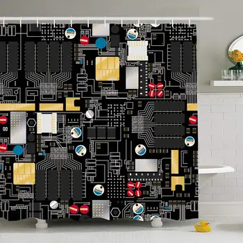 

Shower Curtain Set with Hooks 66x72 Circuit Board Charged Components Dc Metal Wires Pattern Ac Component Technology Node