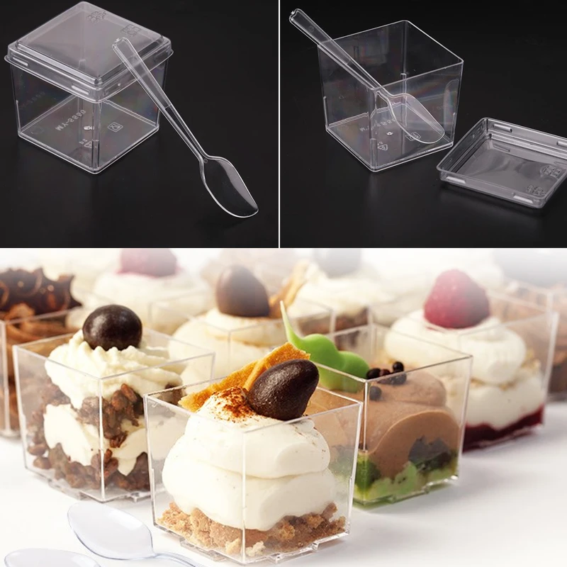 

20pcs One Off Dessert Cup Lid with Spoon Ice Cream Summer Transparent Home Disposable Square Mousse Plastic