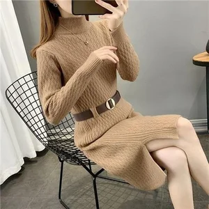 Mid-length New Autumn And Winter Knit Dress Women 2023 Casual Fashion Solid Color Long-sleeved Striped Sweater Dress