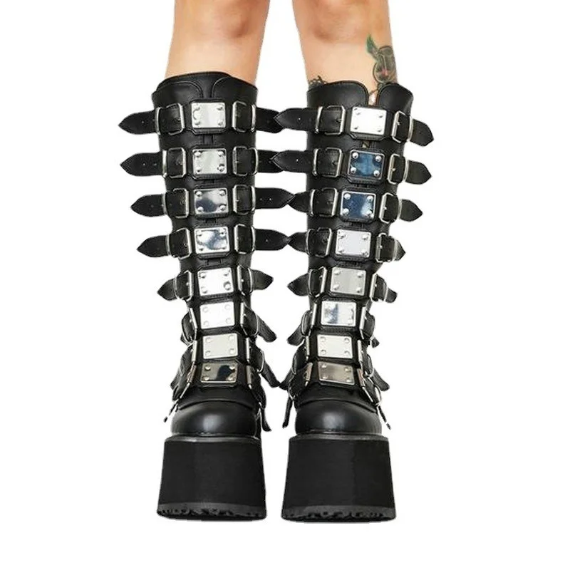 Vrouwelijke Mode Metalen Gothic Platform Laarzen Punk Cosplay Wiggen Hoge Hakken Vrouwen Knie Hoge Laarzen Stree Schoenen Vrouw