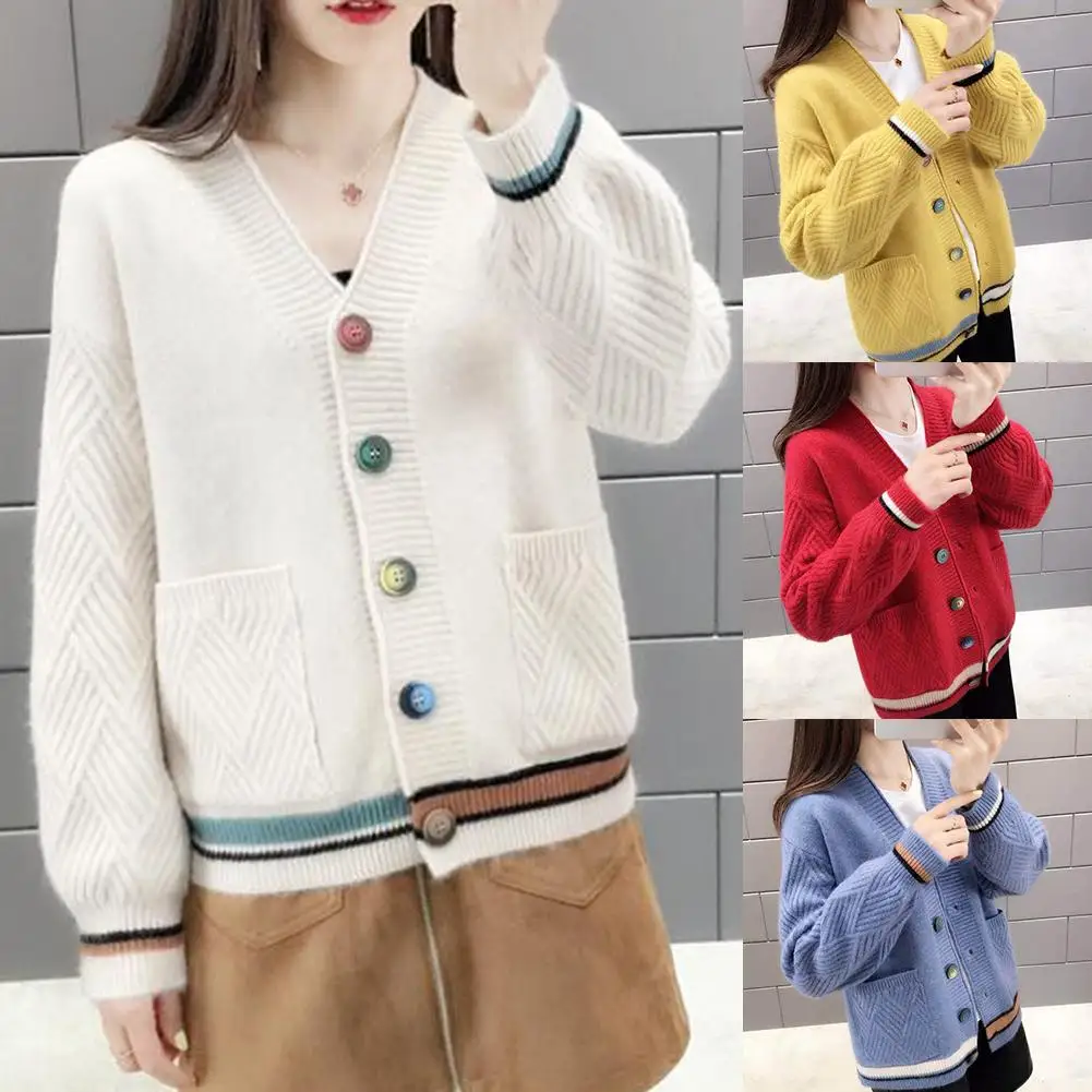 Sweater women Autumn Women Sweater Long Sleeve Open Front Knitted Sweaters Button Pockets Cardigan Coat Sweater truien dames pul