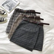 ZOGAA Korean Irregular Lady Skirt Female Autumn Sweet High Waist A-line Mini Skirt Vintage Casual Women Plaid Skirt Chic Sashes