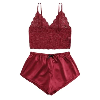 

Women Lingerie Pajamas Sexy Lace Silk Pyjamas Set Lingerie Clothes Straps Pijama Ladies Bathrobe Sleepwear Pajama Suit 2020