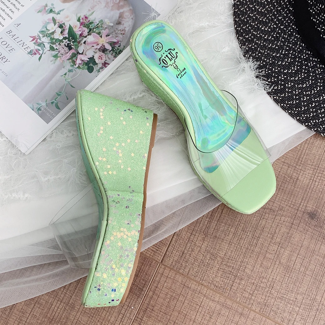 

2020 new Summer Women 9cm High Heels Fetish greenTransparent Sandals 4cm Platform Sequins slipper Wedges Slide Beach dress Shoes
