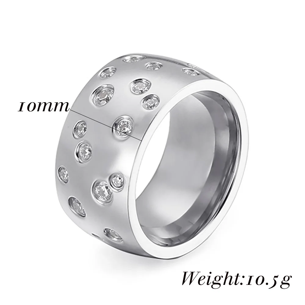 Simple Stainless Steel Women 10mm Ring Shining Crystal Wedding Promise Jewelry Accessories Retail