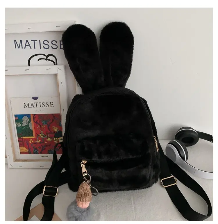 Custom Bear Faux Fur Mini Backpack Rabbit Ear Women Travel Shoulder Bags Fashion Plush Backpack Rucksack School Bag for Girls 