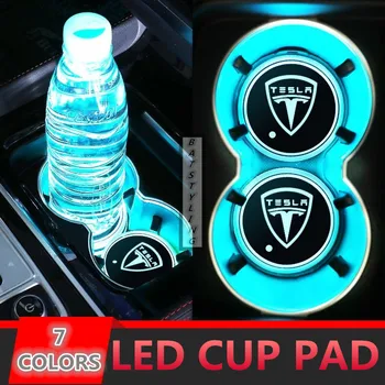 

2X LED Cup Pad For Tesla Model 3 Model X Model S Car Logo USB Charging 7 Colors Anti Slip Drink Holders Car Accessories