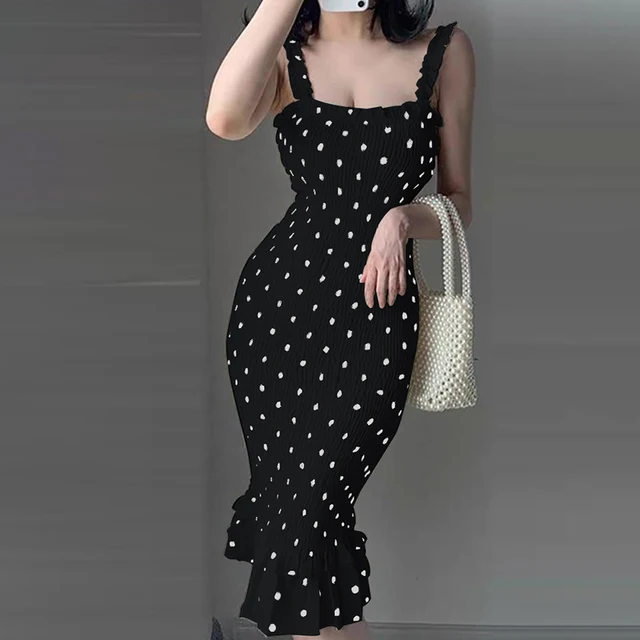 Women Fashion Polka Dots Print Bodycon Party Dress Chic Ruffled Hem Thick Strap Cocktail Party Midi Dress black