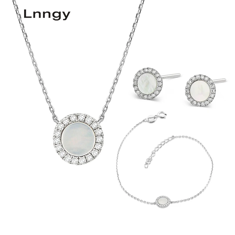 Lnngy Pure 18K White Gold Female Diamond Sets Natural Onyx Round-shaped Earring Pendant Necklace Bracelet Jewelry | Украшения и