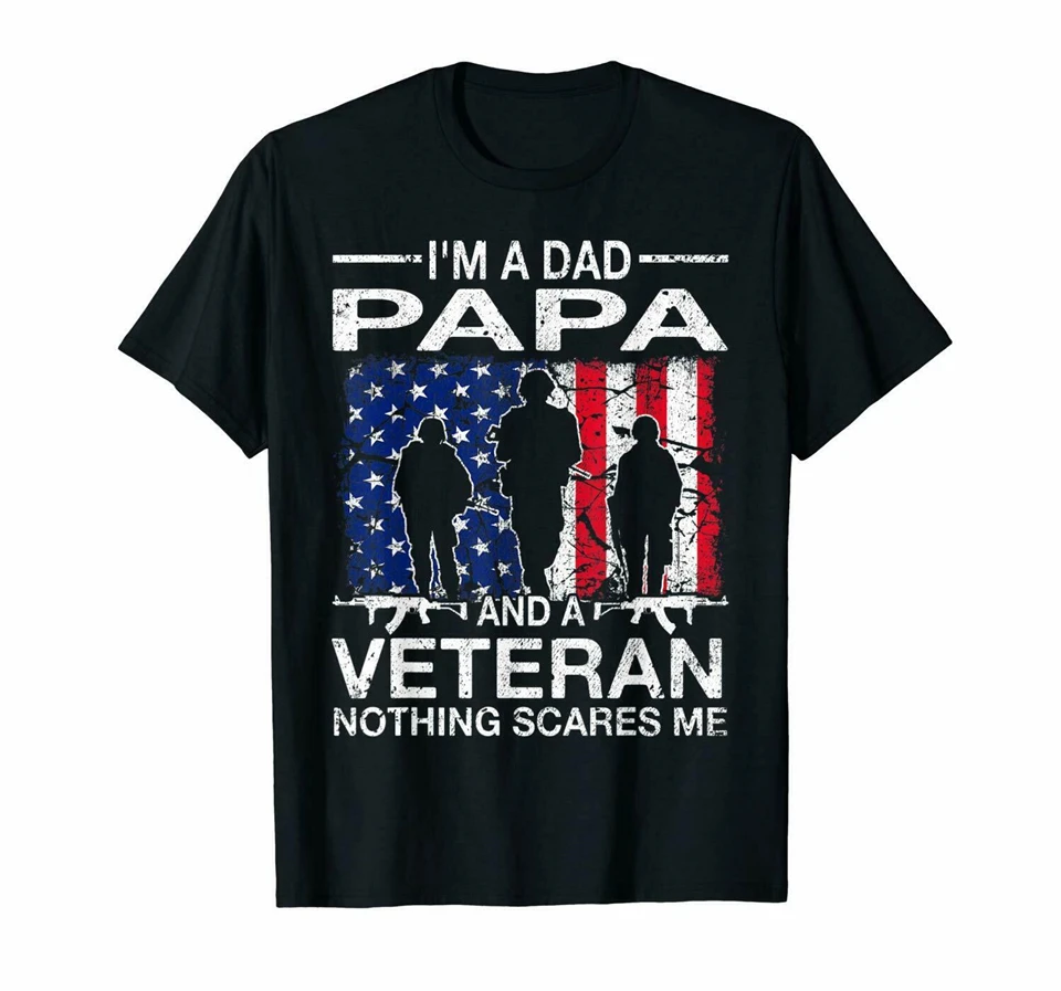 Black Mens I'M A Dad Papa And Veteran T-Shirt For Father'S Day 100% Cotton Big Tall Tee Shirt |