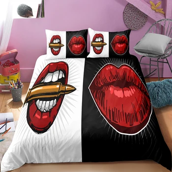 

FANAIJIA 3d Red Lips Bedding Sets Queen Size Love Duvet Cover with Pillowcases Luxury Bed Sets