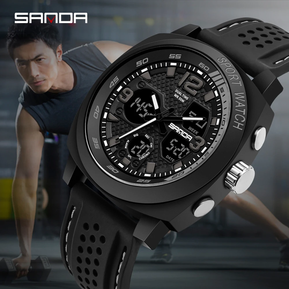 Черный SANDA nieuwe mannen sport digitale horloge mannen mode Водонепроницаемый спортивный военный horloge mannelijke klok Relogio Masculino - Цвет: Черный