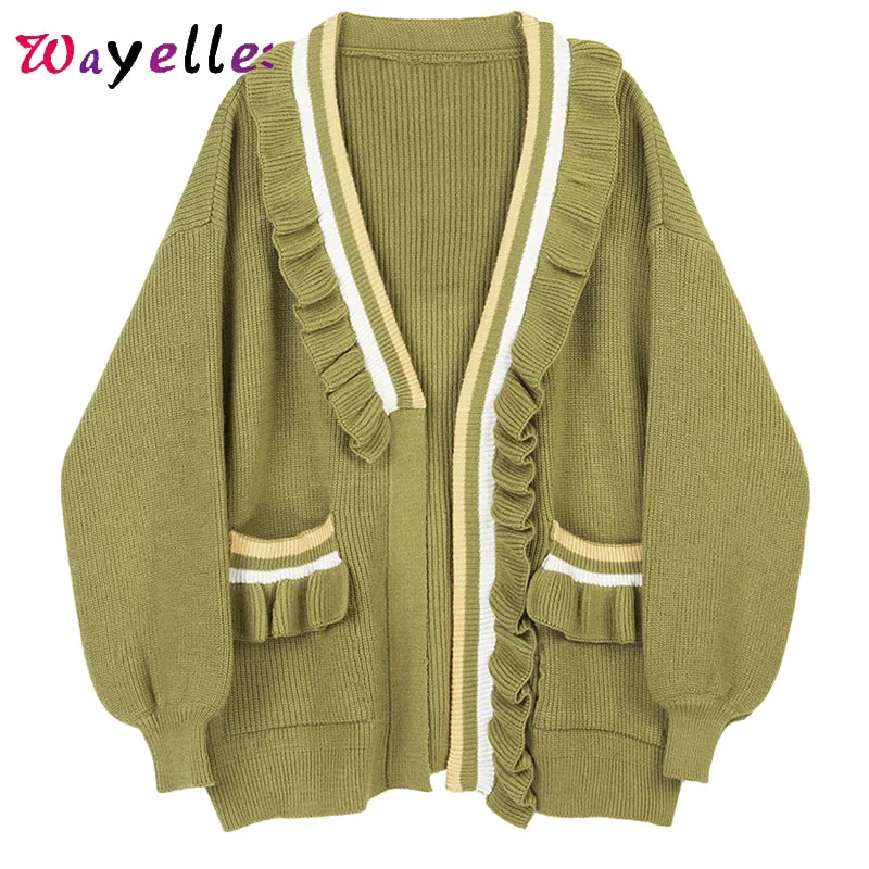 

Knitted Sweaters Women 2019 Fall Loose Fit V-Neck Long Sleeve Women Tops Contrast Color Pleated Striped Open Stitch Sweaters