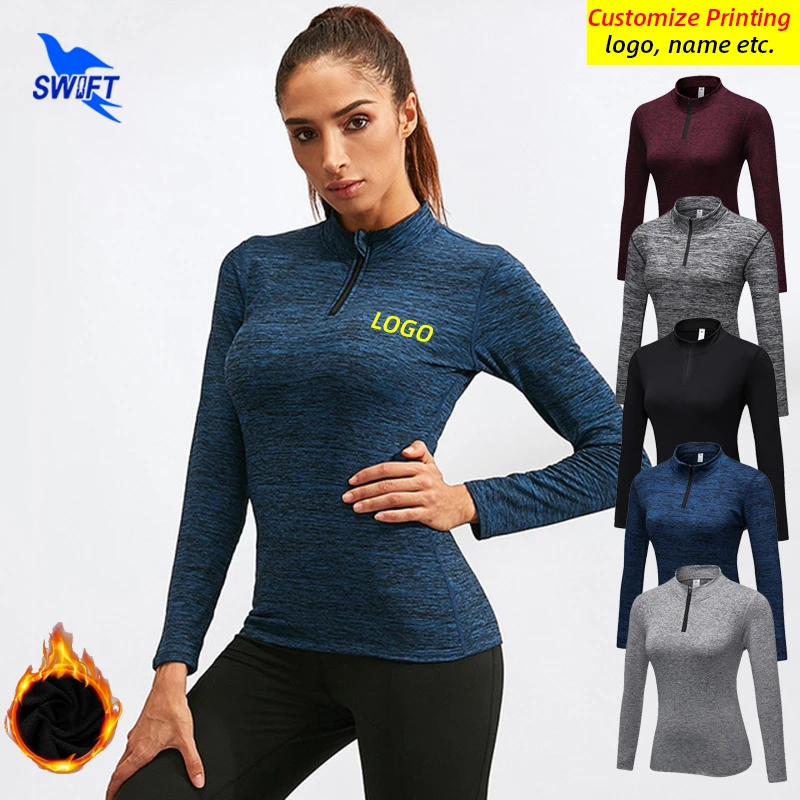 Winter Thermal Fleece Long Sleeve Running Shirts Women Quick Dry Yoga Sportswear Half Zipper Gym Fitness Top Tees Customize
