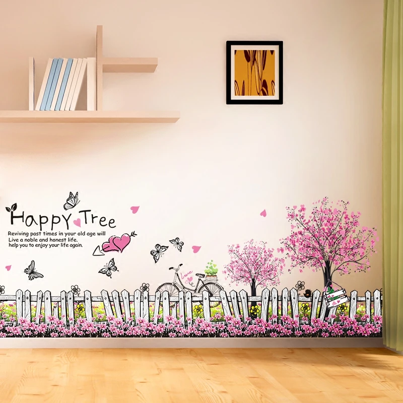Настенные наклейки для ванной комнаты Happy Tree плинтуса розовые цветы забор
