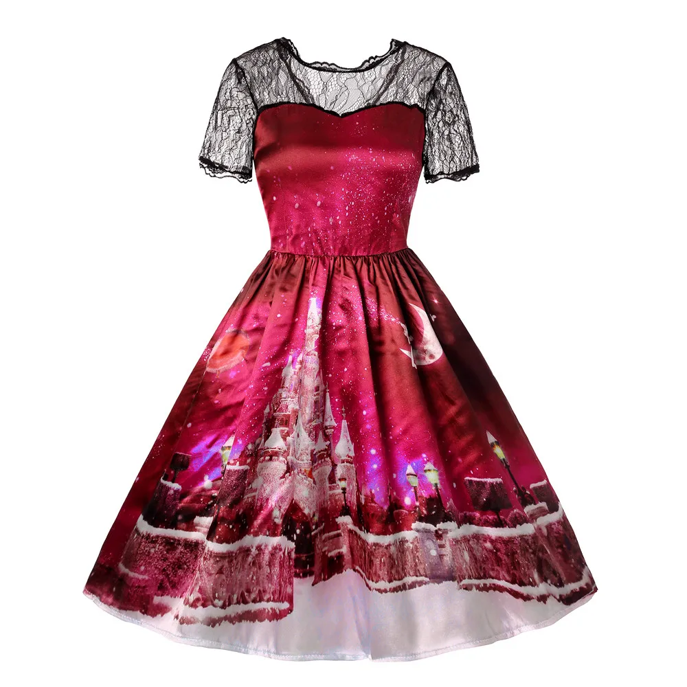 Зимние рождественские платья для женщин 50S 60S винтажный халат качели Pinup элегантное вечернее платье с коротким рукавом на каждый день размера плюс с принтом vestidos - Цвет: Розовый