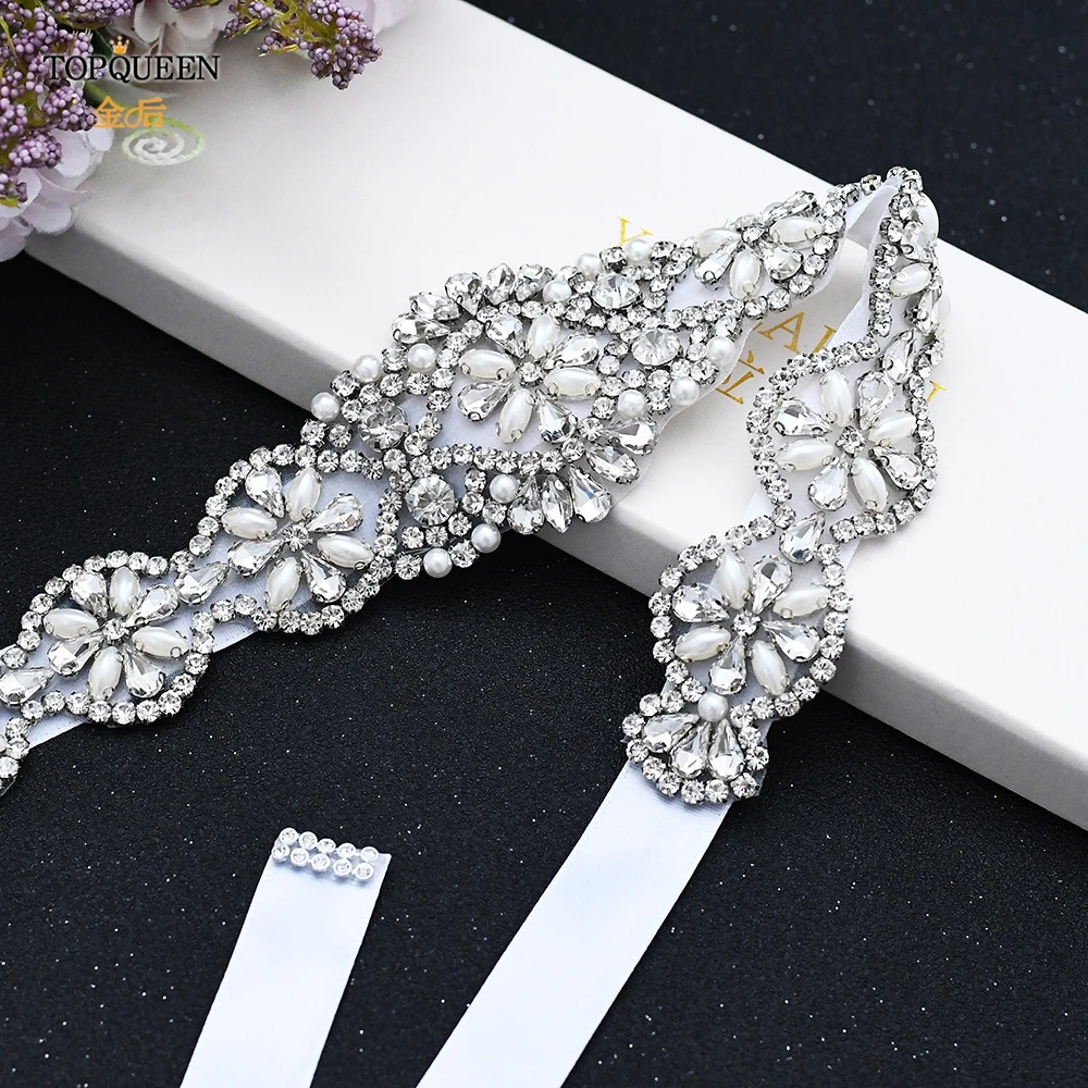 TOPQUEEN S161 White Wedding Belts Silver Rhinestone Belt Accessories for Bride Crystal Formal Dress Belt Gown Sash Bridal Belt