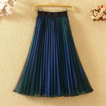 

all-around, thin, reflective, gradual color changing, pleated skirt, mesh yarn, medium length skirt, women's skirt