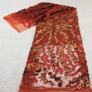 

Latest African Sequins Lace Fabric Embroidery French Mesh Sequins Lace Fabric sequins Nigerian Tulle Lace For Party orange/gold