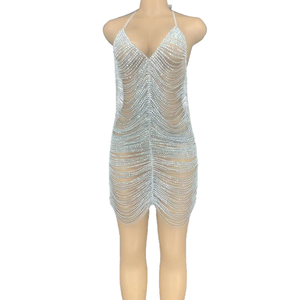 

Silver Rhinestones Chains Backless Short Dresses for Women Nightclub Party Dancer Hollow Outfit Birthday Celebrate Dress