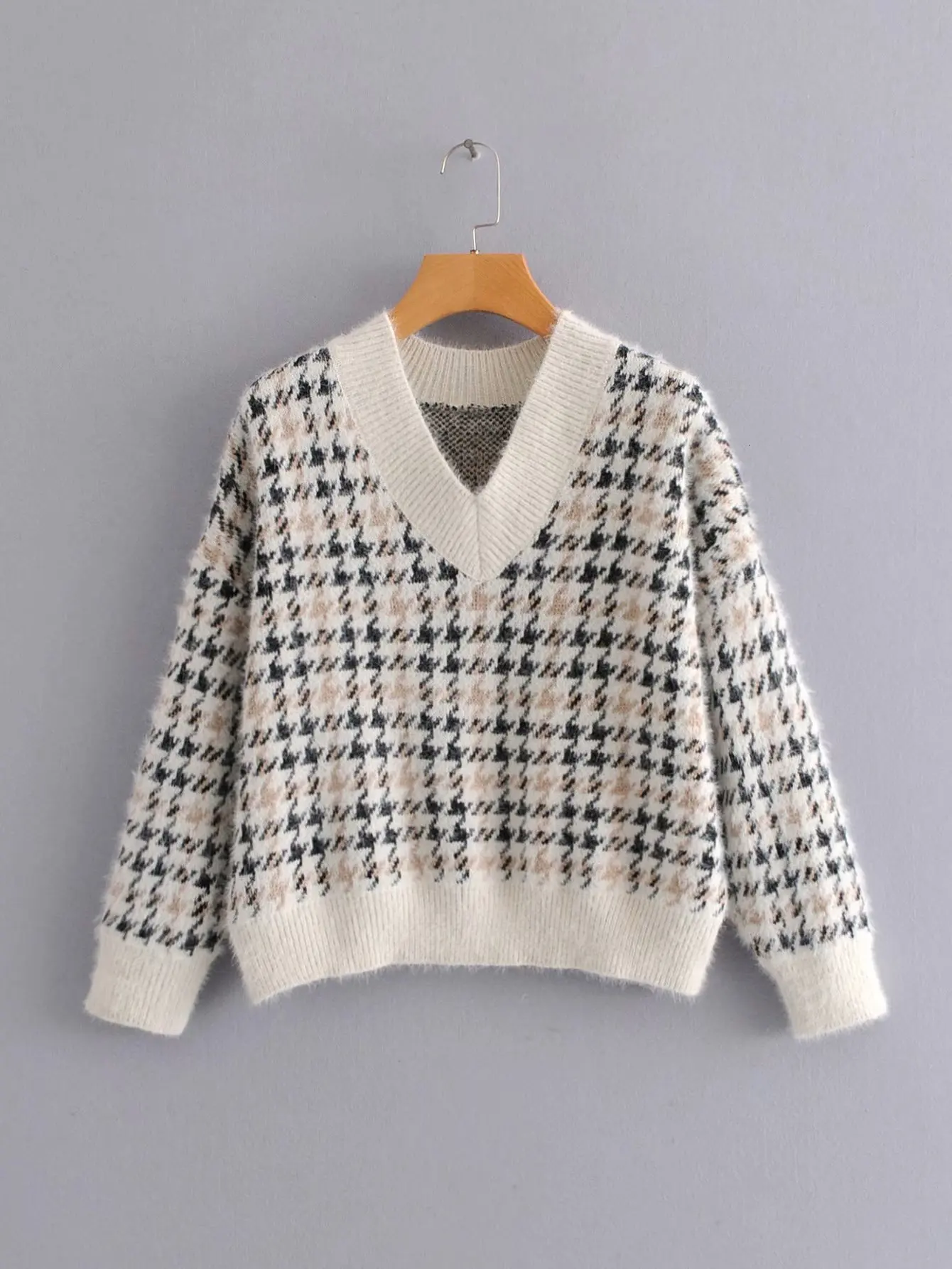 Осенний мягкий теплый вязаный свитер женский короткий решеточный свитер пуловер с v-образным вырезом Корейская одежда