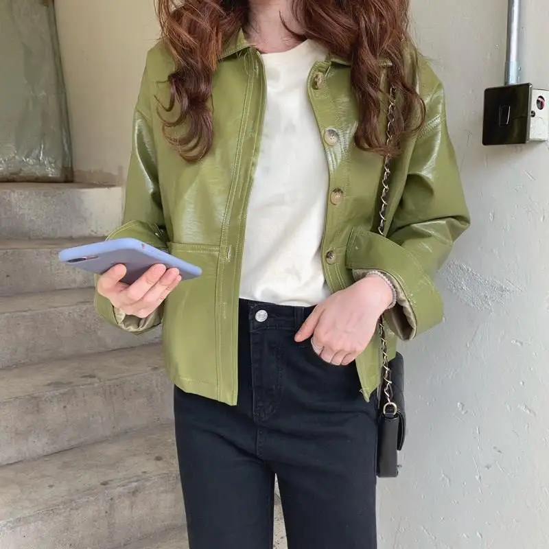 

Women Short Pu Leather Motorcycle Jackets Female Long Sleeve Oversized Jackets Pockets Cool Solid Single-Breasted Jackets