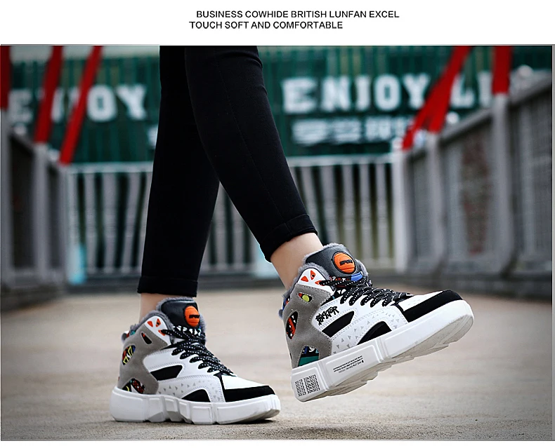 High Top Sneakers Warm Winter Plush Women Shoes Graffiti Platform Sneakers White Lover Shoes Size 11 Zapatos De Mujer