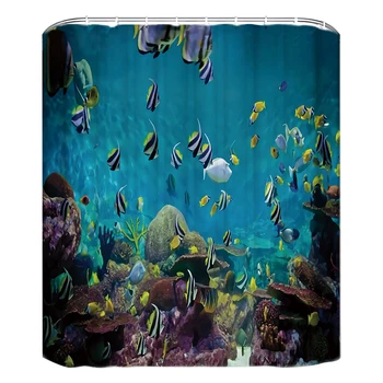 

Washable Large Anti Easy Install Decorative Bathroom 3D Ocean Shower Curtain With Hooks Waterproof Polyester Fabric