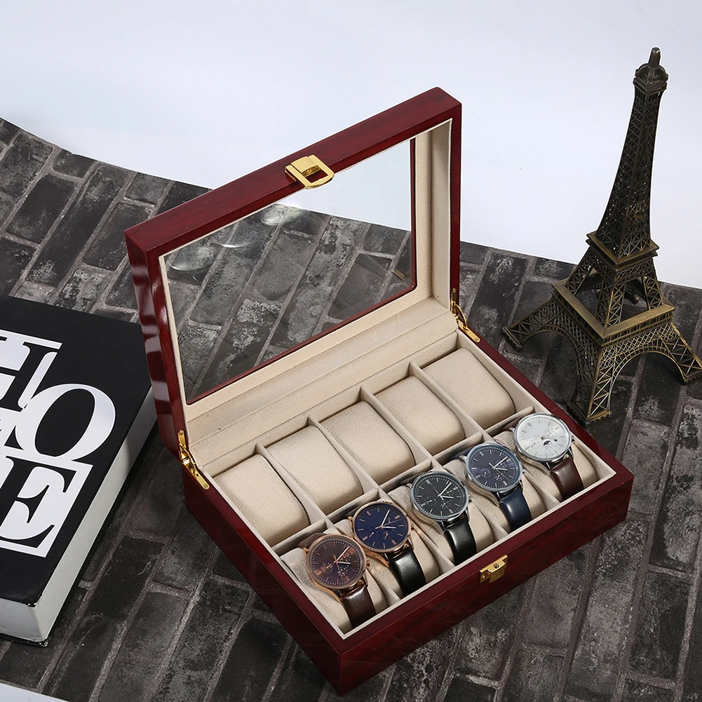 Роскошные 10 сетки деревянные наручные часы Дисплей Коробка для хранения ювелирных изделий Органайзер Чехол ювелирные изделия Наручные часы Чехол держатель дисплей хранения