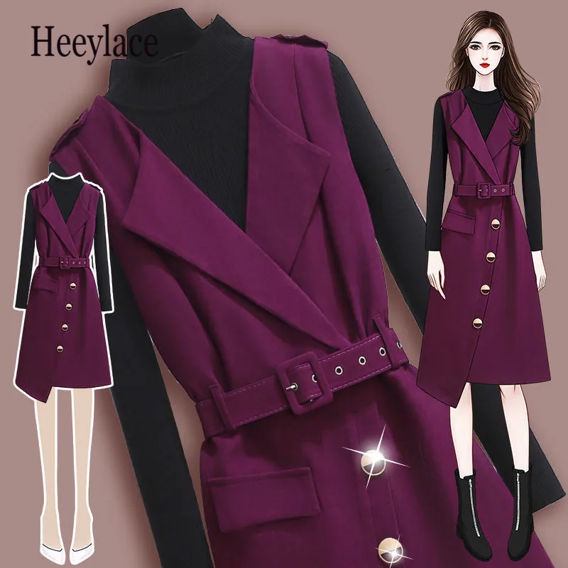 Женское шерстяное платье-жилет с длинным рукавом Осень-зима |