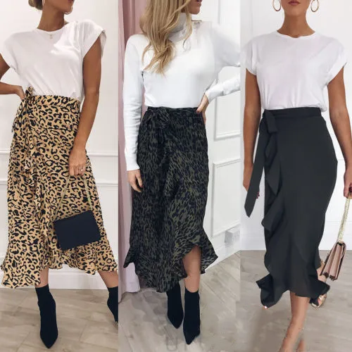 

Women Leopard Print Maxi Skirt Ladies High Waisted Summer Ruffles Loose Slim Long Skirts Fashion Aysmmetric Skirt