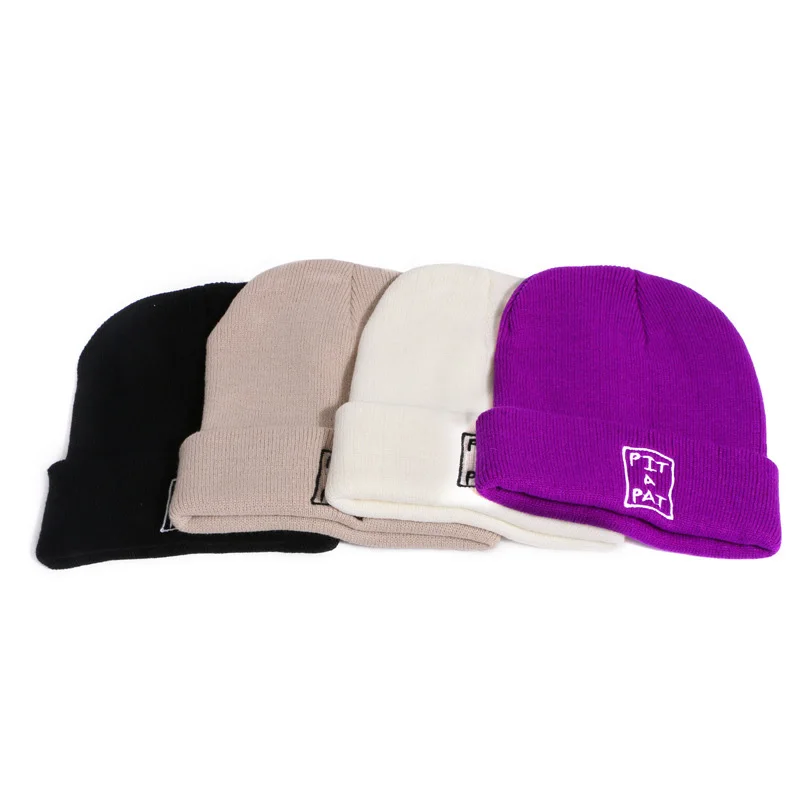 Вязаная шапка с вышитыми буквами, женская осенняя и зимняя Шерстяная кепка с манжетами, Мужская модная кепка Skully