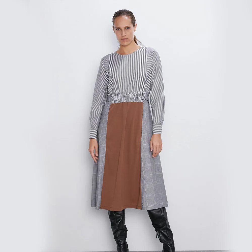 

Popular Women Dresses Patchwork Long Sleeves O-Neck Casual Elastic Waist Statement Elegant Za Dresses Party Autumn Model Clothes