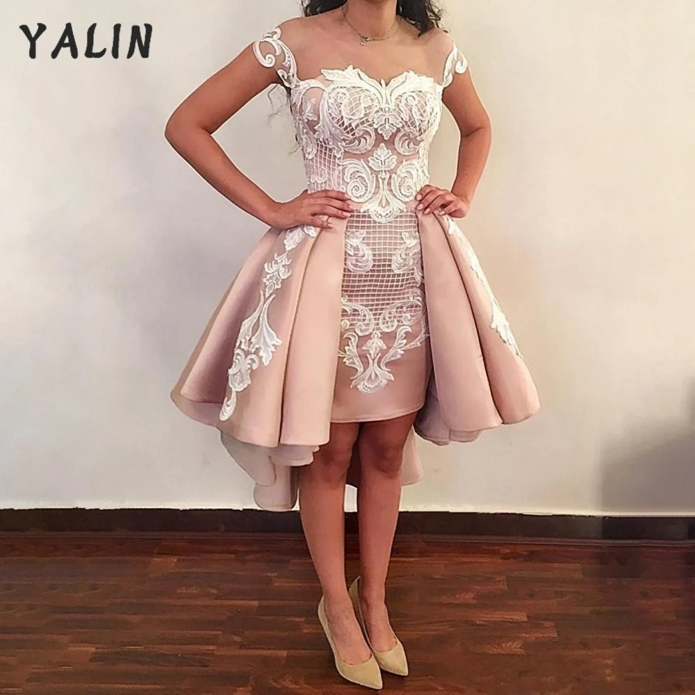 アウトレット口コミ Yalin ピンクのオープンバックのサテンの衣服 長袖 イブニングウェア カクテルドレス レースのアップリケ ハイウエスト 新しいコレクション ブランド名 Www Amalgamatedplantations Co In