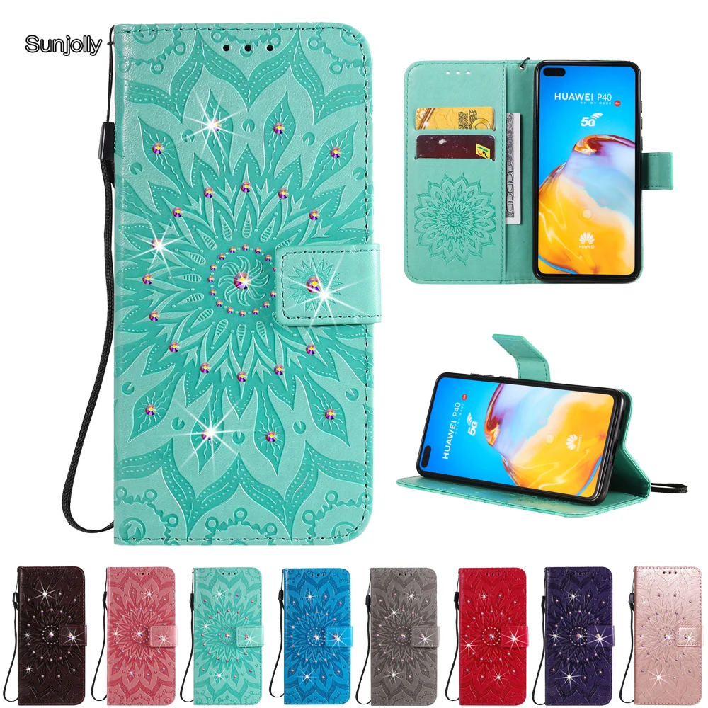 Sunjolly Rhinestone Phone Case For Iphone 13 Pro Max 12 Mini 11 Po Max Xs Xr Sun Flower Flip Wallet Pu Leather Cases Cover Coque