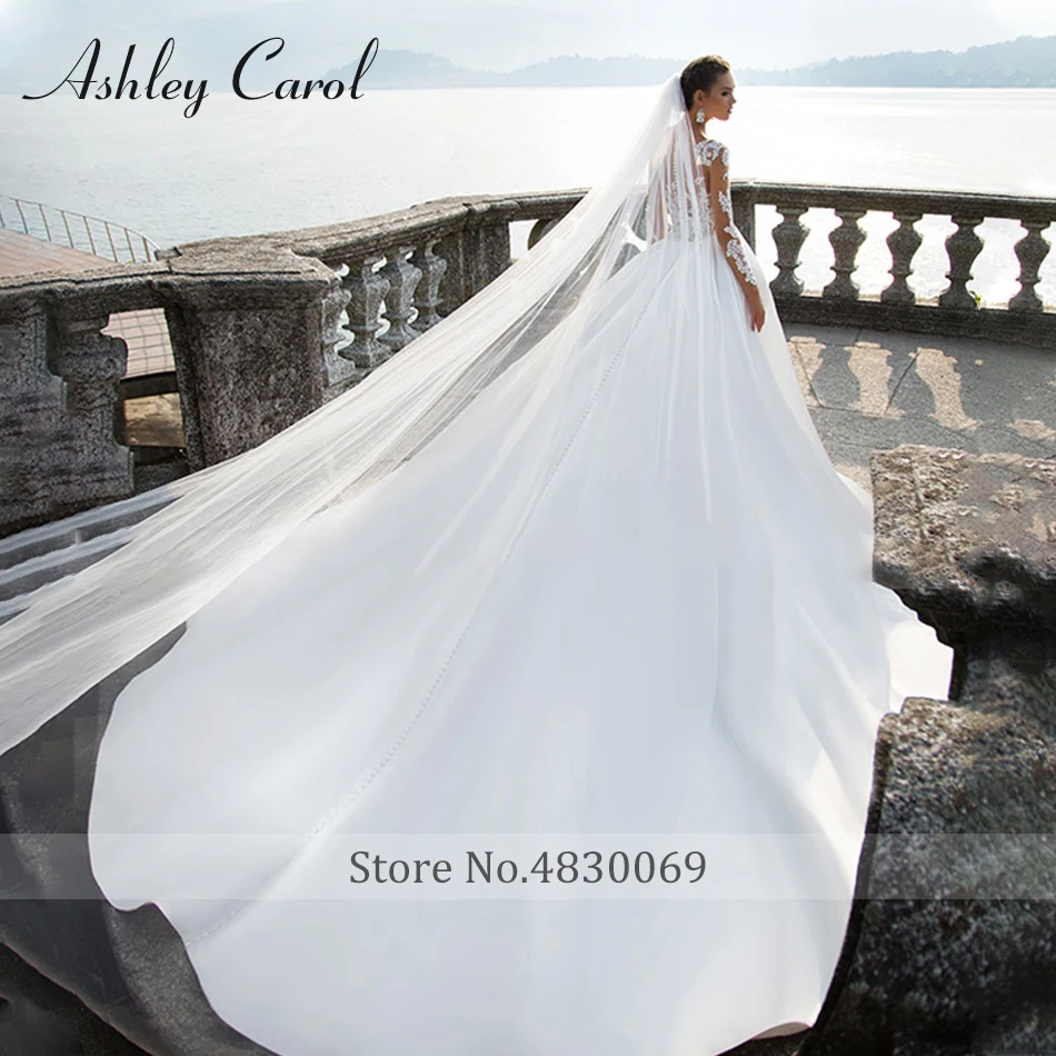 Ashley Carol мягкое атласное свадебное платье принцессы с длинным рукавом сексуальное винтажное свадебное платье с v-образным вырезом и иллюзией Vestido De Novia