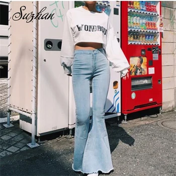 

Suzhan 2019 New Fashion Casual Women Vintage Jeans Flare Stretch Denim Pants Ladies High Waist Casual Trousers