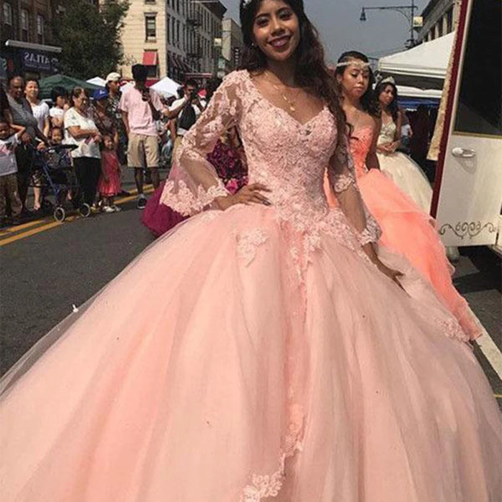 Милые 16 Платья с длинным рукавом кружевные Дешевые Бальные платья Vestido de Debutante Para 15 anos розовые Бальные платья для 15