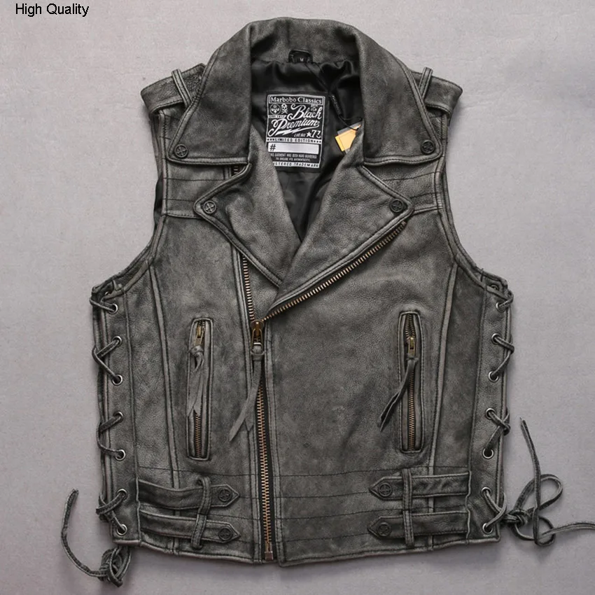 Vintage Koeienhuid Revers Verstelbare Taille Real Vest Grijs Punk Korte Schuine Rits Mouwloze Lederen Jas Mannen