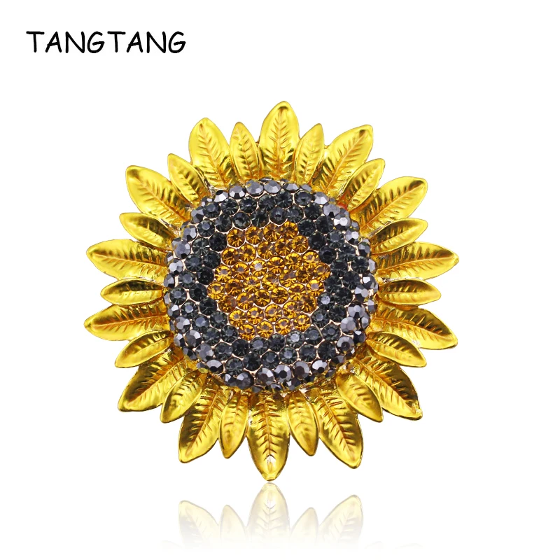 TANGTANG Large Sunflower Brooch Full Rhinestone Yellow Crystal Brooch For Women Painted Hot Jewelry Scarf Pins Clip Badge Trendy Fashion Winter Flower Jewelry Drop Shipping Wholesale And Retail 56MM Diametre Golding