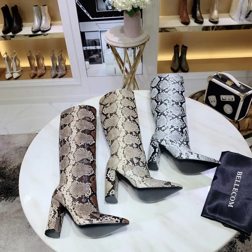 

BELLECOM 2019 Autumn and Winter New Women's Euro-American Wind-pointed Serpentine High-boot and Rough-heeled Women's Boots