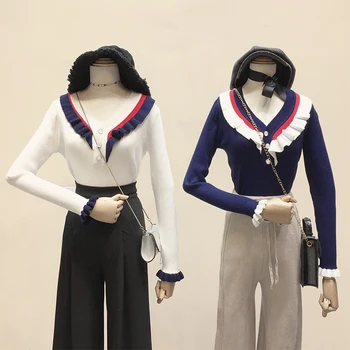 

Women Sweater Knitted Pullover Slim V-neck with Ruffles Knitwear Ladies Elastic Sweaters Long Sleeves Casual Knitting Tops