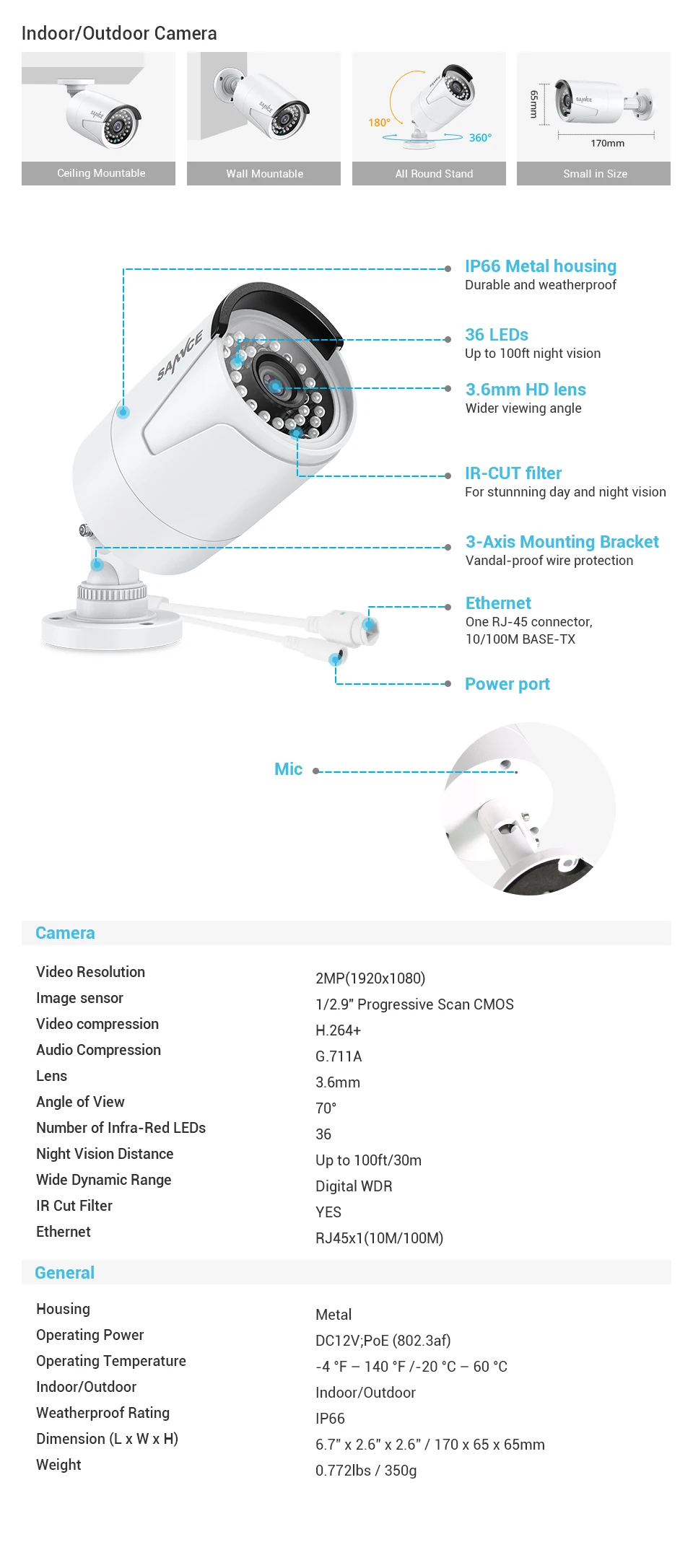 SANNCE 2 шт. Ультра HD 2MP POE камера для улицы и дома, защищенная от атмосферных воздействий, сетевая пуля EXIR, ночное видение, оповещение по электронной почте, камера, комплект